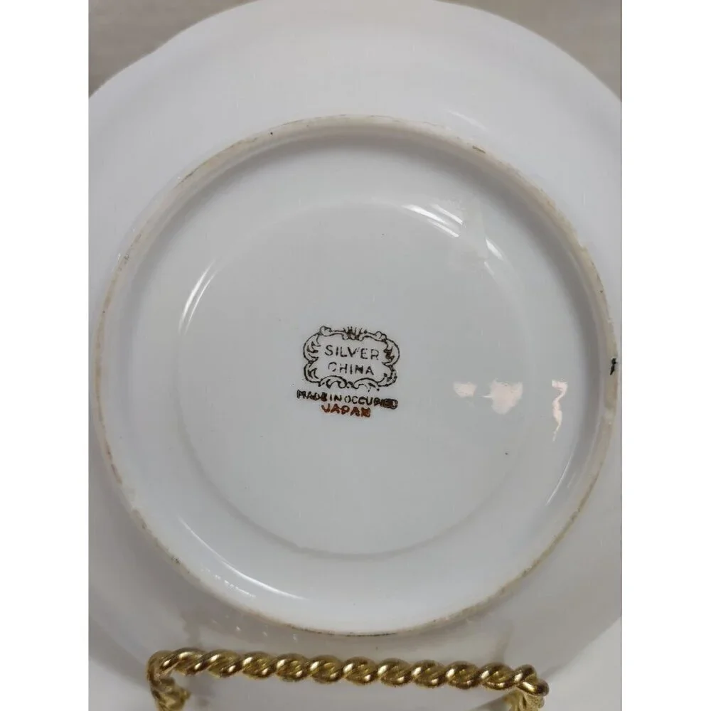 Silver China Occupied Japan Green Hand Painted Flowers Gold Trim Saucer Set Of 3